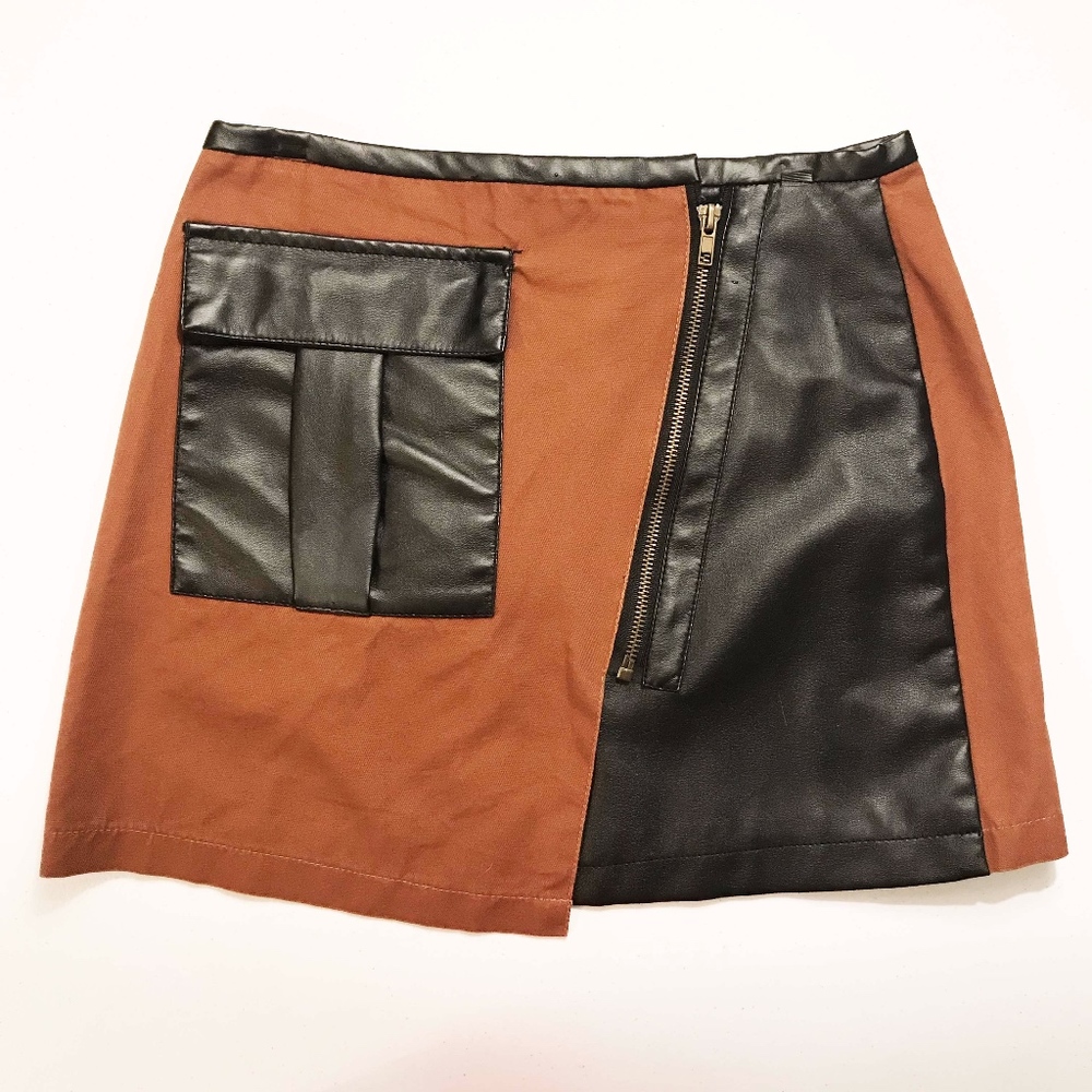 Black Vegan Leather Tan Zip front Mini Skirt